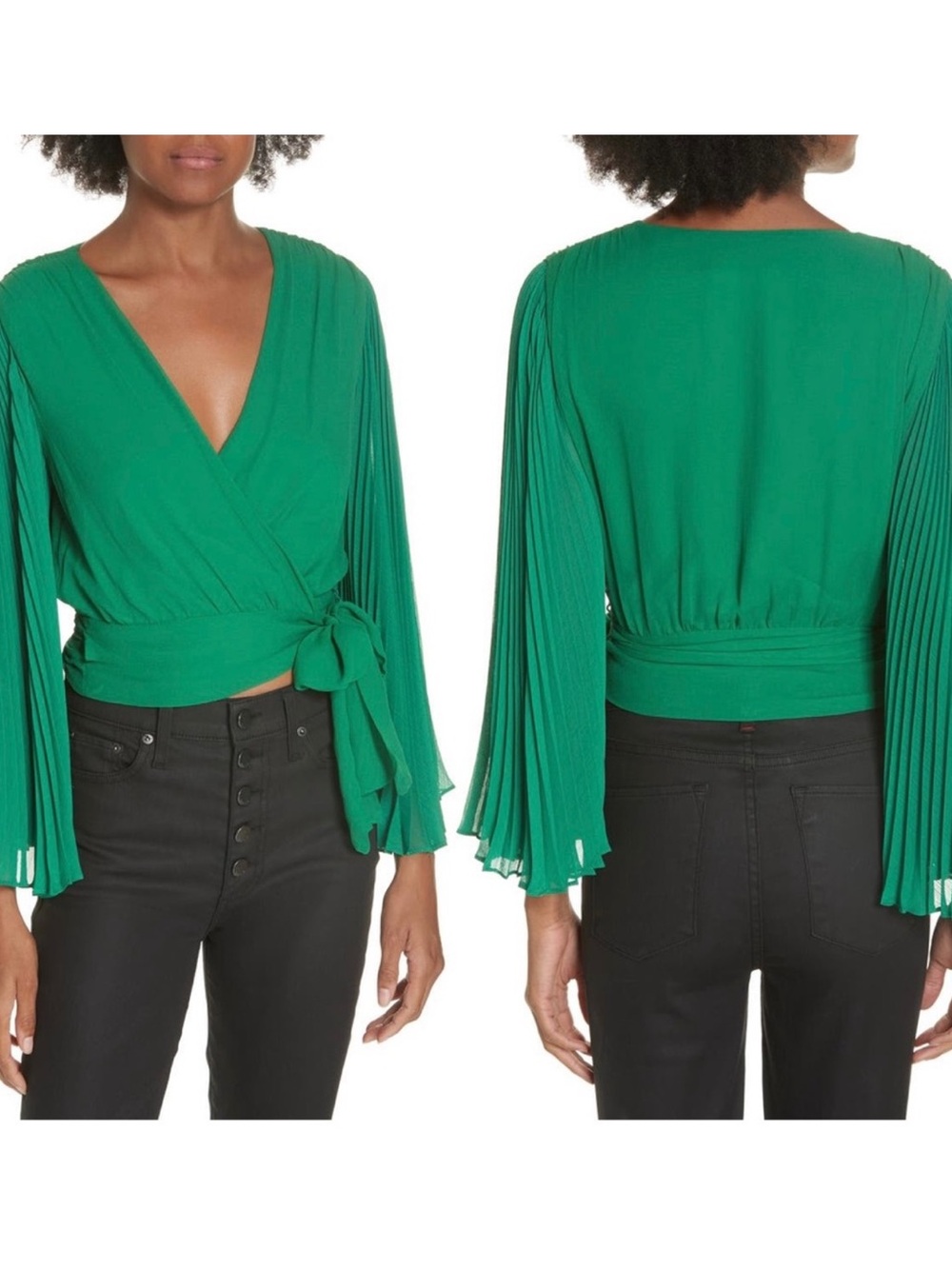 Alice + Olivia Bray Pleated Sleeve Cropped Wrap Top Green Silk XS